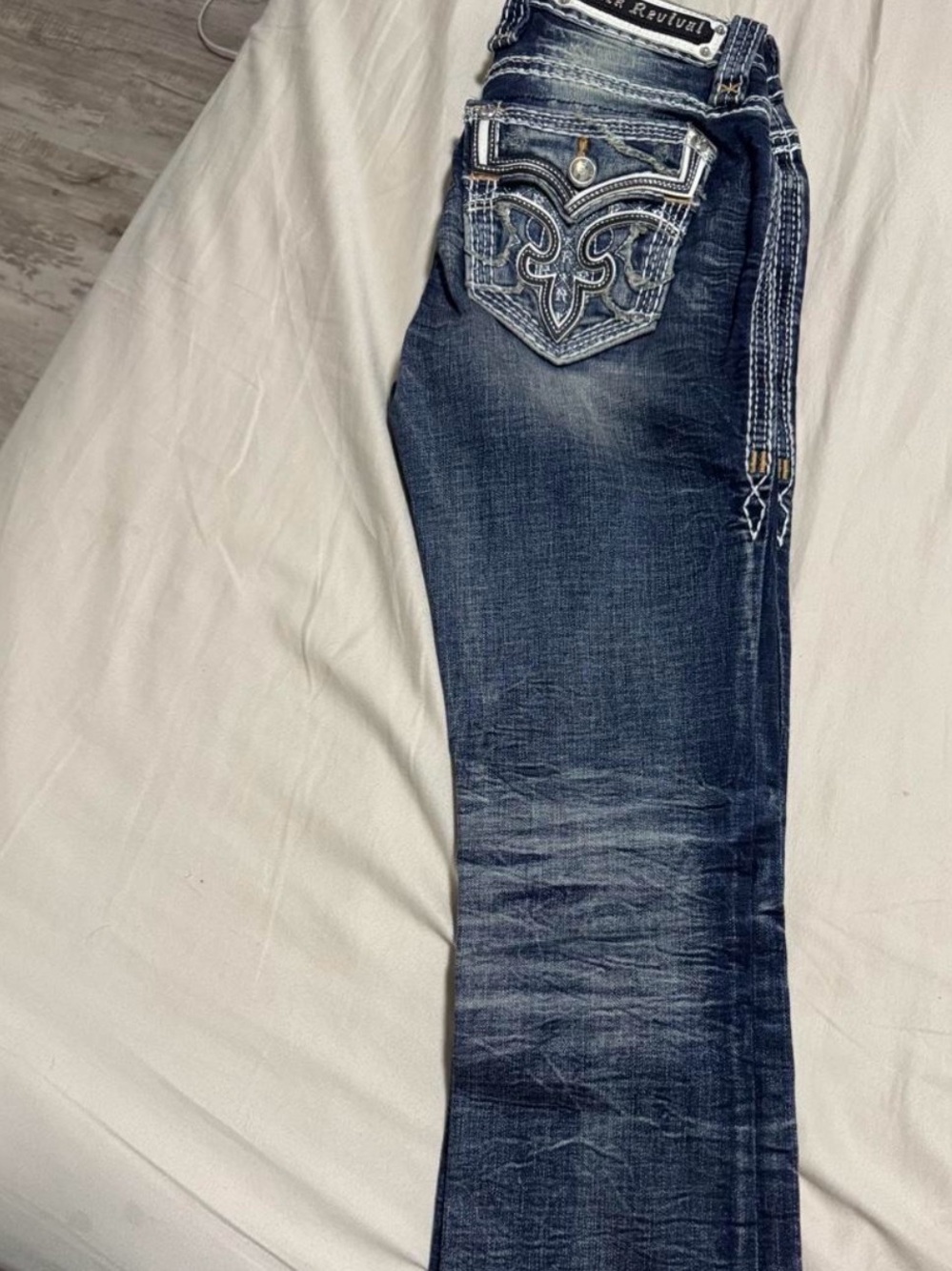 Rewind Women's Dark Blue Boot Cut Jeans with Embroidered Pockets